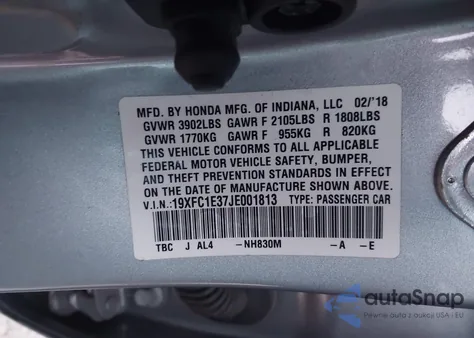 2018 Honda Civic Ex-T z USA, uszkodzony, nr VIN 19XFC1E37JE001813